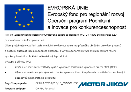 Zřízení technologického vývojového centra společnosti MOTOR JIKOV Strojírenská a.s.